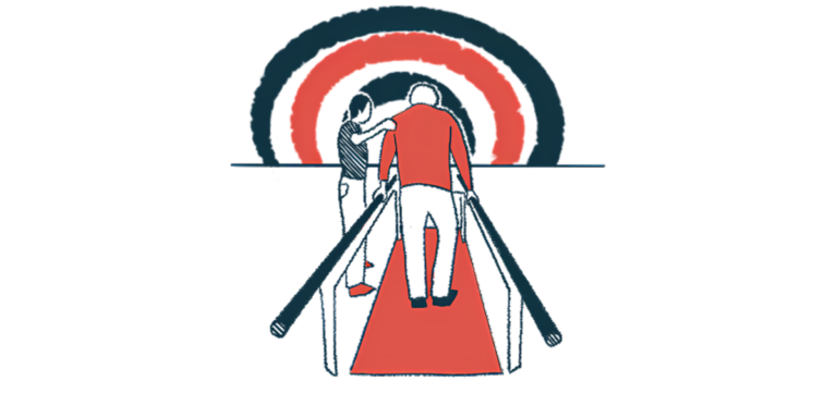 A physiotherapist holds the shoulder of a person walking between two parallel bars.