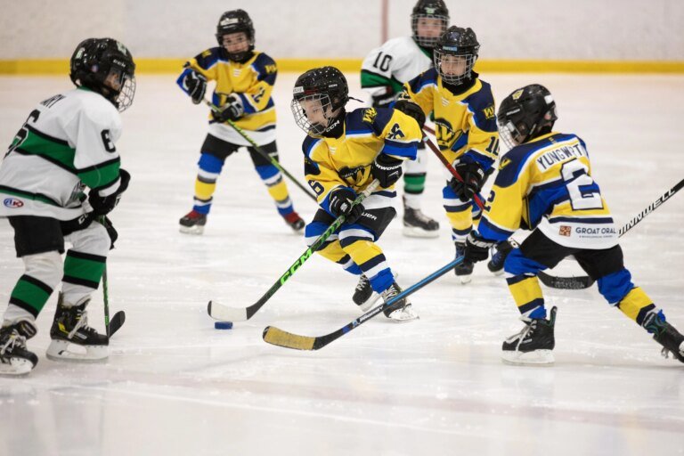 Young kids play hockey.