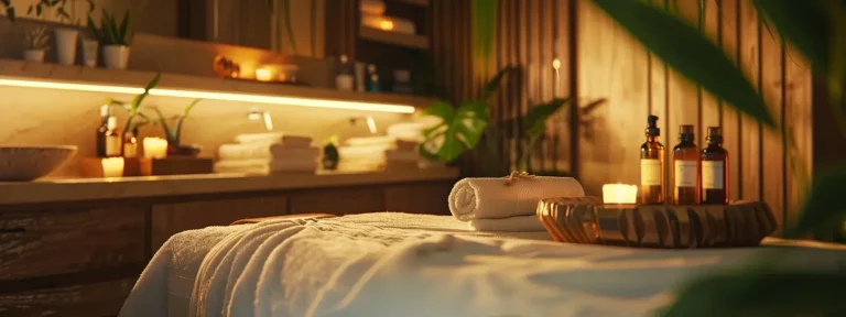 Massage table with rolled towels and essential oils in cozy spa setting with warm lighting