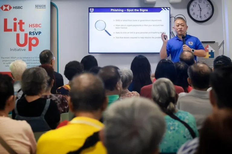 A speaker gives a talk on scam prevention to elderly residents during the launch of the HSBC Singapore and RSVP Singapore Lit Up Initiative at NTUC Health Active Ageing Centre (Boon Lay) on June 26.