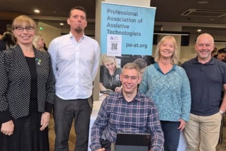 New assistive technology professional body launched to improve support for disabled people PAAT founder members and directors at the TechAbility conference. Dave Hursthouse on right. (People listing, left to right): Dawn Green, Development Coordinator at the Karten Network, Fil McIntyre, Manager and Assistive Technology Lead at TechAbility; Martin Pistorius, IT specialist; Jane Seale, Emerita Professor, learning disability and digital inclusion; Dave Hursthouse; Assistive Technology Project Manager at Leonard Cheshire.