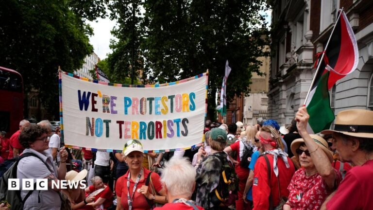 Palestine Action ban to be reviewed by Supreme Court Protesters gathered outside Westminster Magistrates' Court on Thursday
