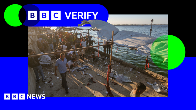 Gaza: Multiple deadly Israeli strikes in under 24 hours A photo from a cafe in western Gaza, following an Israeli strike, in a BBC Verify branded border.