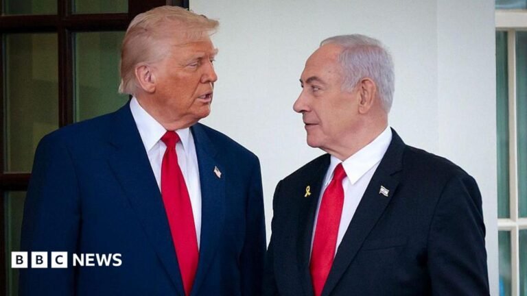 Donald Trump greets Israeli Prime Minister Benjamin Netanyahu as he arrives at the White House.
