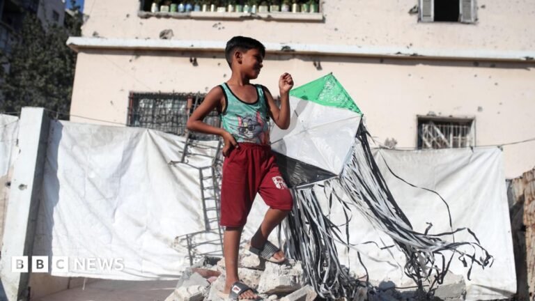 Israel warns of ‘forceful’ response to kites flown from Gaza A Palestinian boy holds a kite at a displacement camp in Gaza City (23 August 2026)