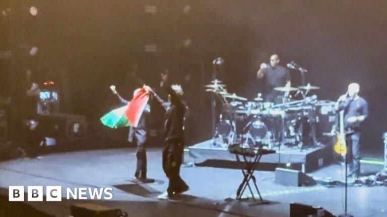 Singapore bans Massive Attack over Palestine display Massive Attack band members holding Palestine flag on stage in Singapore