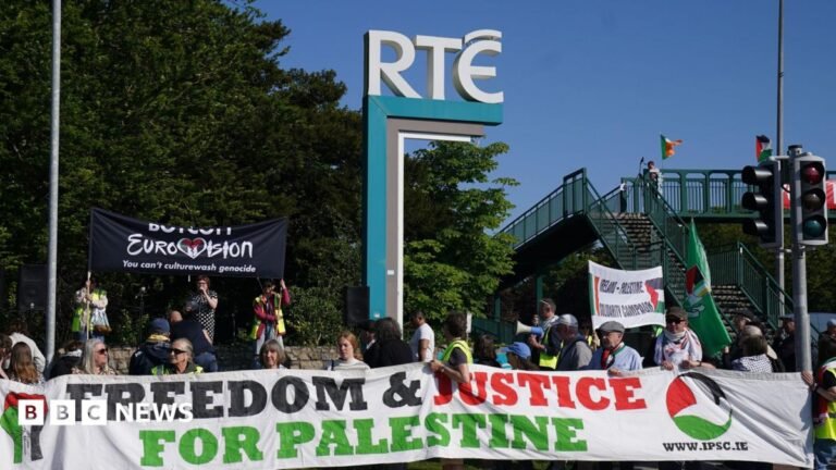 People attend a pro-Palestine protest outside the RTE in Dublin, calling for a boycott of the Eurovision Song Contest.