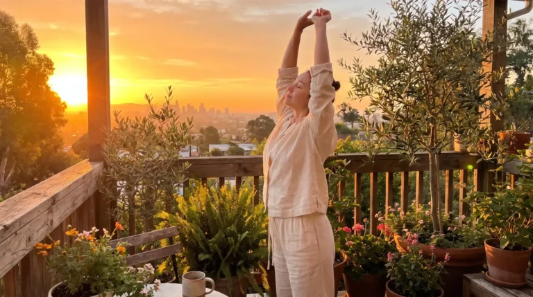 From Self-Care to Self-Improvement: Better Daily Habits Woman stretching on a balcony with potted plants during sunset, city skyline in background
