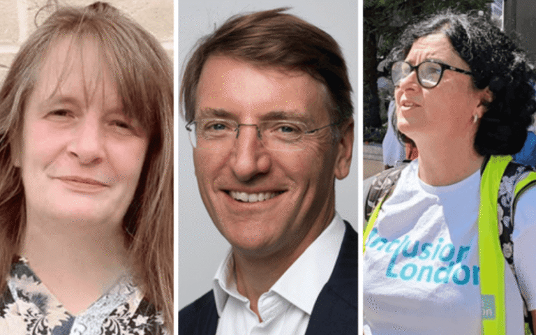 Major government workplace health review ‘has kept disabled people’s organisations firmly on the outside’ – Disability News Service Separate head and shoulders pictures of Caroline Collier; Sir Charlie Mayfield; and Svetlana Kotova being interviewed at a protest
