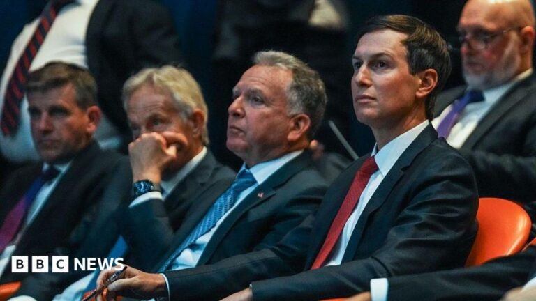 Trump’s Board of Peace unveils $2.45bn plan to begin Gaza’s reconstruction Tony Blair, Steve Witkoff, and Jared Kushner watching a presentation during a Board of Peace briefing