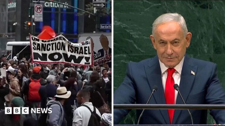 Watch: Protests and walkouts as Netanyahu addresses UN A split screen of an anti-Israel protest on the left and an image of Netanyahu on the right standing at a lectern.