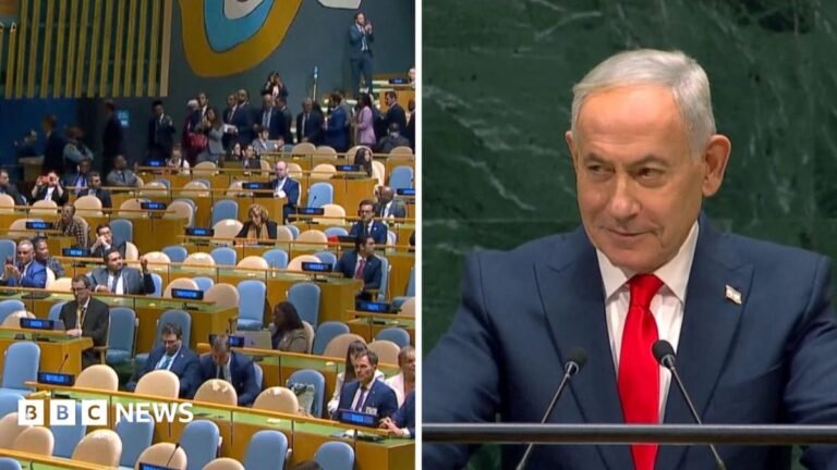 Benjamin Netanyahu split screen with some empty UN seats.