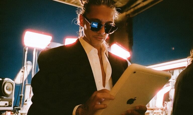 Stop Overthinking AI: How to Use AI in Business to Scale A male marketing director in a dimly lit studio holding a tablet looking at his fully automated content generation matrix